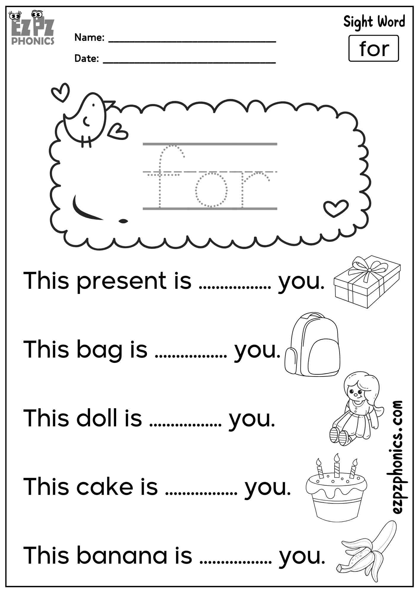 The Word “For” - Dolch Pre-Kindergarten Sight Words Sentences Worksheet – Free PDF Download